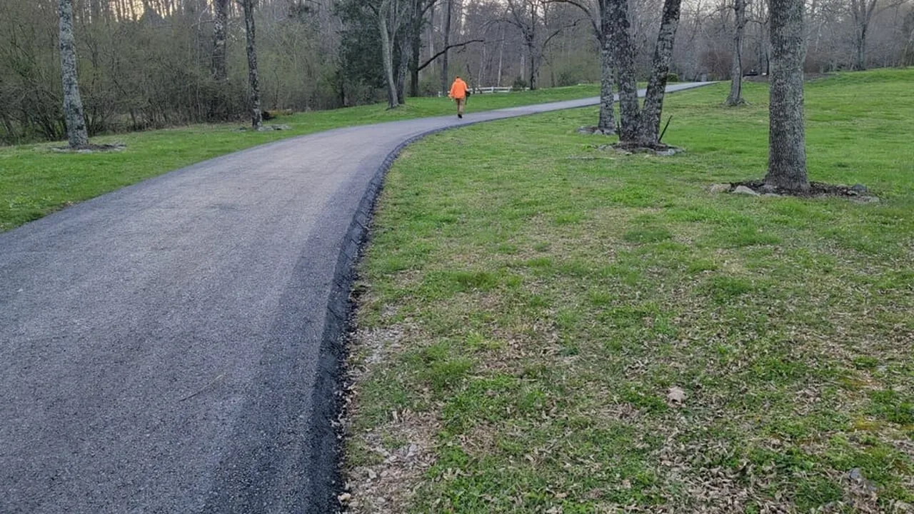 Asphalt driveway paving curving across a grassy lawn under mature trees